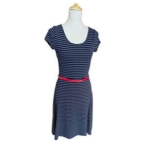 Outback Red Womens XS Navy White Striped Belted Fit and Flare Dress Red Zip
